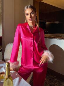 SweetSlumber Plain Pajamas Set With Plush Edge, Fall Winter Clothes Cozy And Elegant Details - Hot Pink - View 4