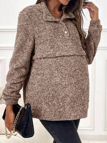 SHEIN Maternity Half Button Placket Teddy Nursing Sweatshirt - Khaki - View 3