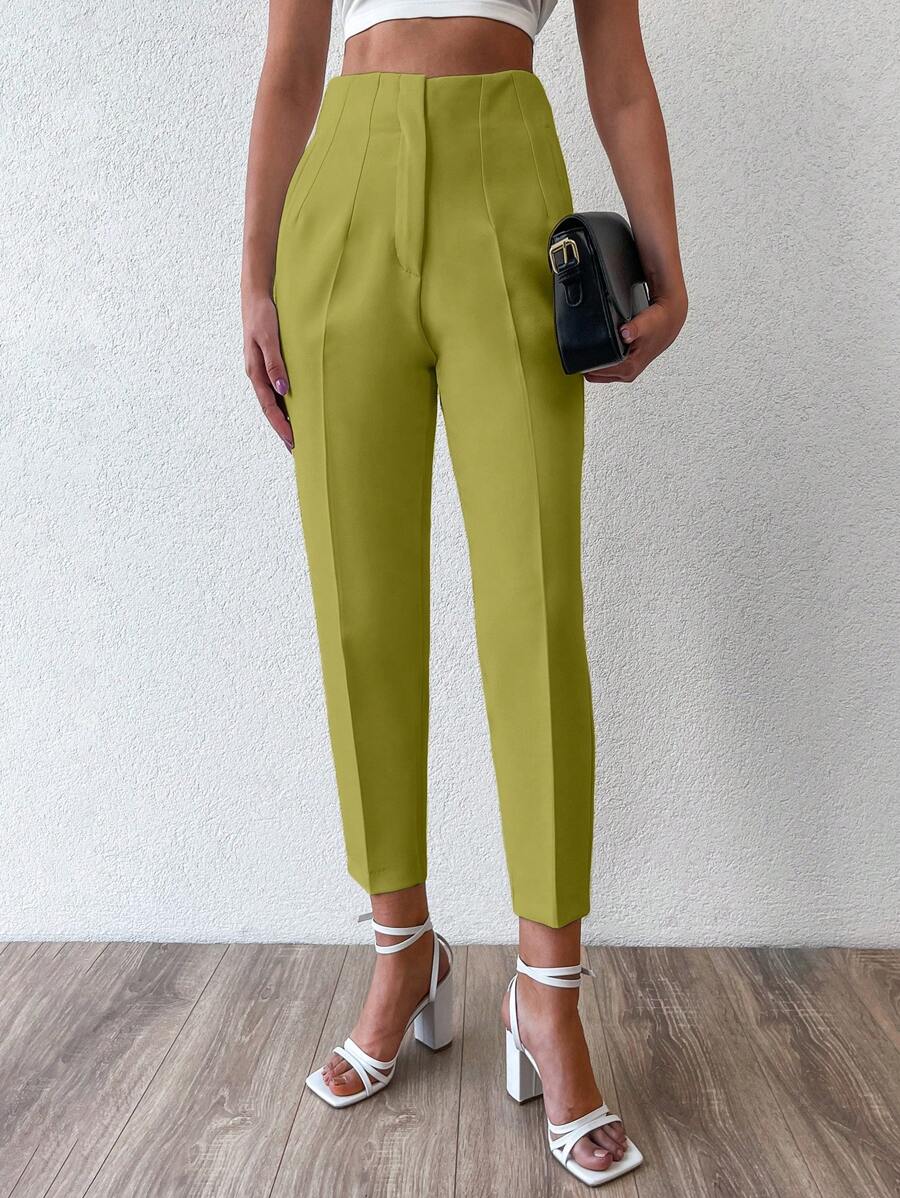 EURMUSE 純色折疊和摺褶錐形褲 - 橄欖綠 - 查看 1