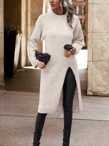 SHEIN Essnce 女士圓領下垂肩開叉下擺毛衣 - 杏色 - 查看 6