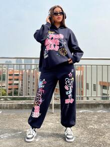 SHEIN EZwear Plus Letter Graphic Drop Shoulder Hoodie & Sweatpants - Navy Blue - View 1