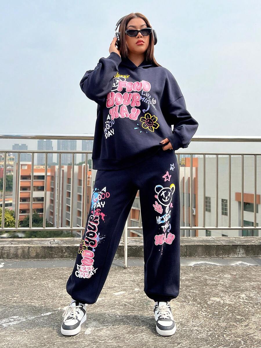 SHEIN EZwear Plus Letter Graphic Drop Shoulder Hoodie & Sweatpants - Navy Blue - View 1