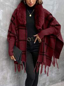 SHEIN Clasi Ladies' Casual Checkered Cardigan With Fur Collar - Burgundy - View 4