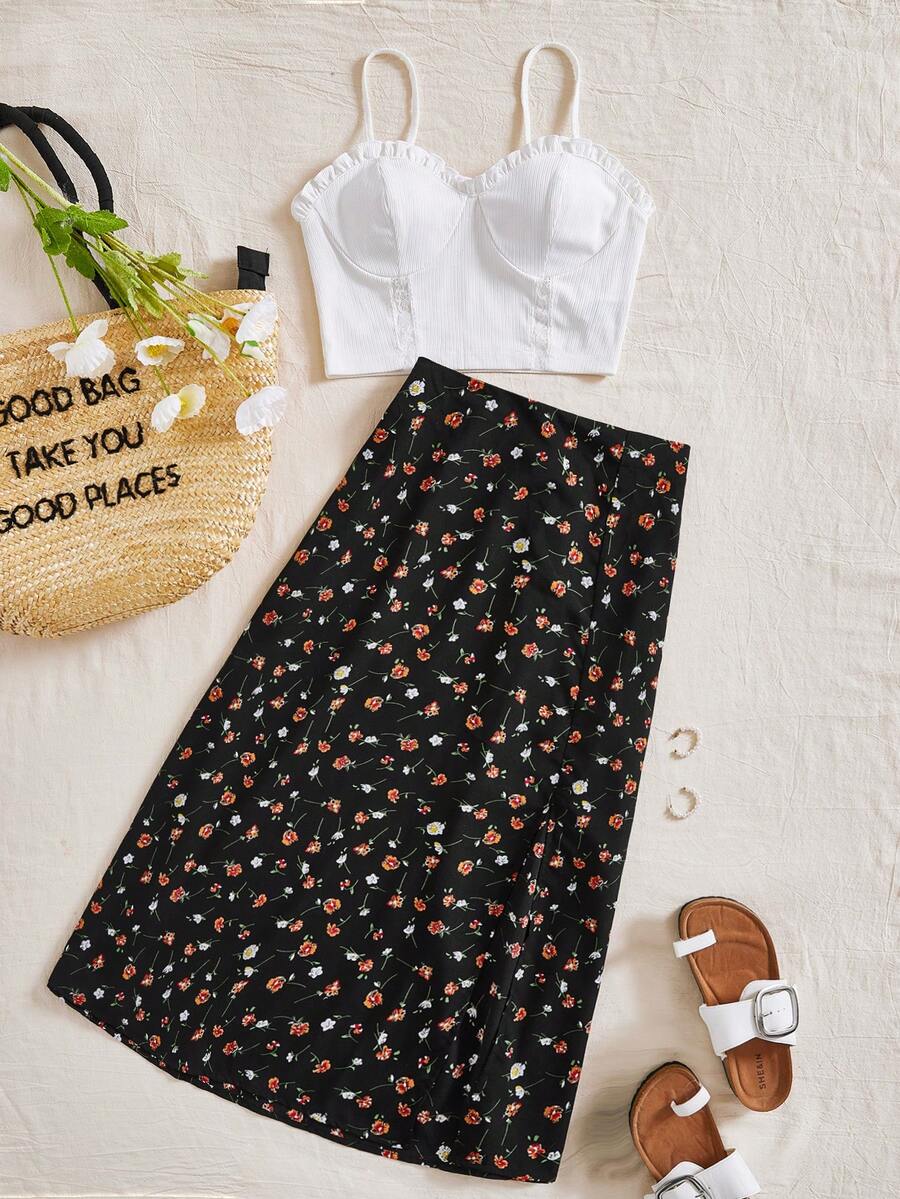 Soleia Frill Trim Cami Top & Ditsy Floral Print Skirt - Multicolor - View 1