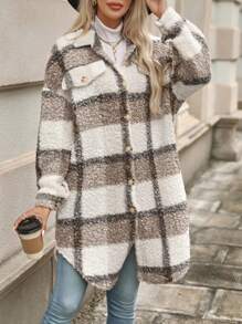 Ellegaria. Plaid Print Drop Shoulder Teddy Coat Fall Winter Cloth For Women - Coffee Brown - View 6