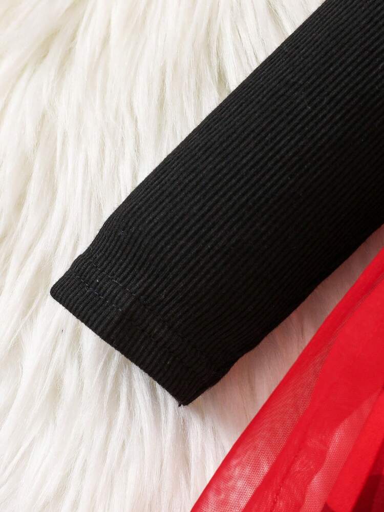 Baby Girl Casual Knitted Top Plaid Splicing Mesh Sleeveless Dress Set