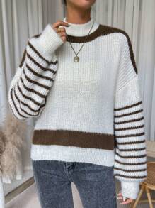 SHEIN LUNE Striped Drop Shoulder Knit Pullover Fall Winter Sweater - Beige - View 3