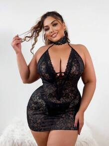 Classic Sexy Plus Size Sexy Lingerie Skirt 3 Piece Set - Black - View 8