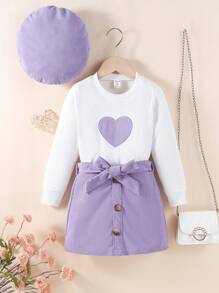少女刺繡心形圖案t恤&帶狀裙子&帽子 - 紫色 - 查看 1