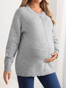 SHEIN 孕婦純色圓領長袖毛衣 - 灰色 - 查看 5