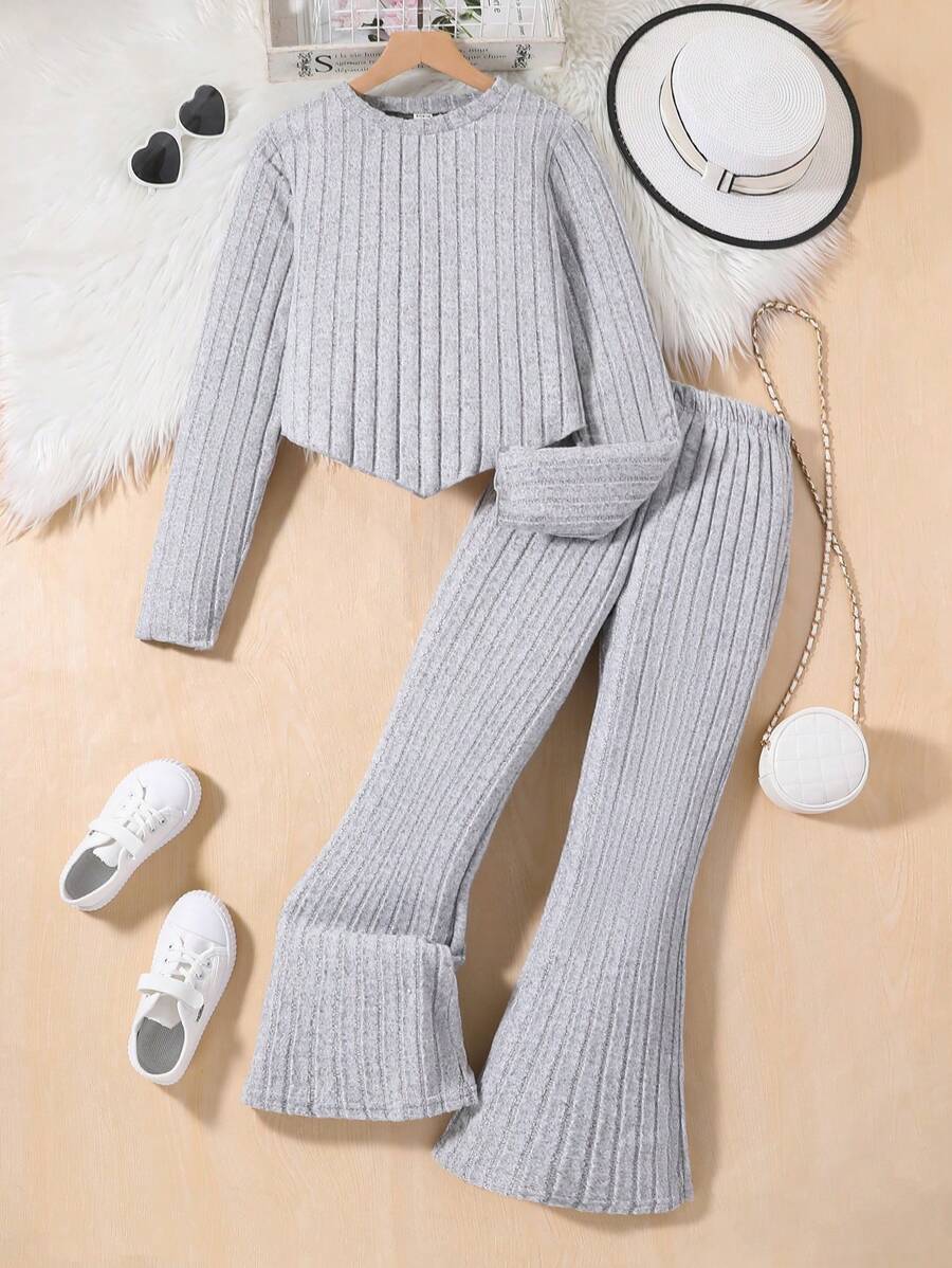 2 cái/bộ Thiếu niên Cô gái Tay áo dài Áo thun Và Quần - Xám - Xem 1