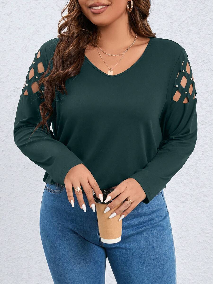SHEIN LUNE Kích thước lớn Xu hướng: Cắt giảm Trân châu & Đinh tán Chi tiết Áo thun - Màu xanh lá cây đậm - Xem 1