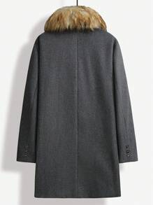 Manfinity Homme 男士披肩領雙排扣毛呢大衣,帶毛皮裝飾 - 深灰色 - 查看 2