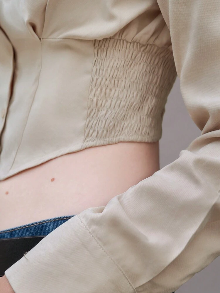 Solid Button Front Crop Shirt