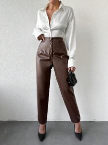 SHEIN Cottnline Women's Solid Color Pu Leather Pants - Mocha Brown - View 4
