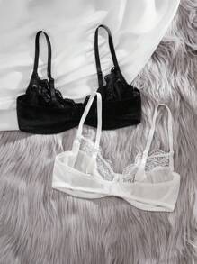 SHEIN Conjunto de sujetador y ropa interior de encaje de contraste para mujeres (juego de 2 piezas) - Multicolor - Ver 2