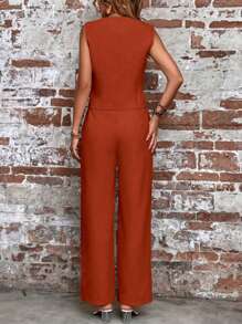 SHEIN LUNE Women Suit Sets Kantong Tombol Depan Plain Casual - Mocha Brown - View 2
