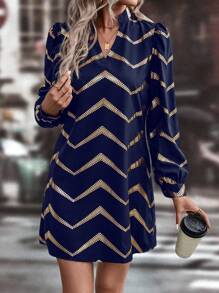 SHEIN LUNE Women's Zebra Patterned Dress With Gold-plated Design - Blue - View 5