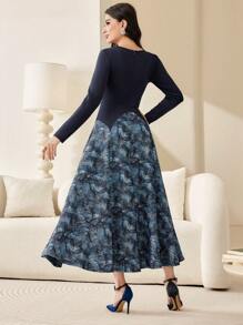 Modelyn Women's Arabian Style Abstract Printed V-Neckline Cinched Waist Dress Long Evening Dresses - Multicolor - View 2