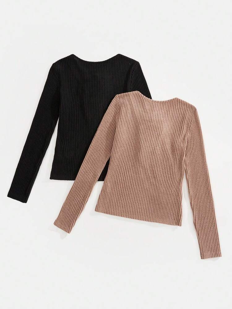 2pcs Lace Up Front Ribbed Knit Tee