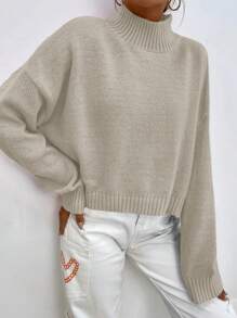 EURMUSE Solid Turtleneck Sweater - Beige - View 3