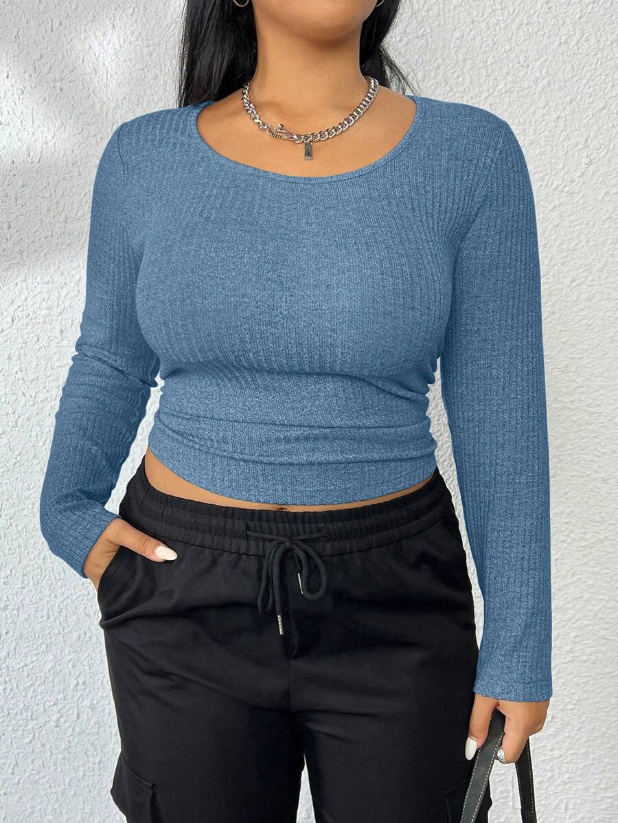 Flirla Plus Size Textured Pleated Long-Sleeved T-Shirt - Teal Blue - View 1