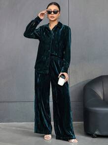 SHEIN Essnce 2入組女士鈕扣長袖衫和褲子套裝 - 墨綠色 - 查看 4