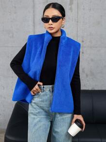 SHEIN Essnce 拉鏈開襟絨毛夾克背心 - 寶藍色 - 查看 1