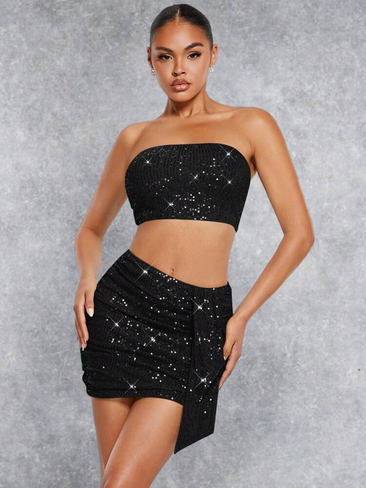 Strapless Glittery Two-Piece Set For New Year Outfits