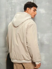Manfinity Hypemode Men's Ultra Loose Fit Hooded Padded Coat With Letter Embroidery, Button Closure And Striped Trim Design - Khaki - View 2
