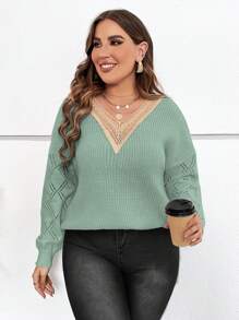 Flirla Plus Guipure Lace Panel Drop Shoulder Sweater Knit Pullover Fall Winter Sweater - Mint Green - View 5