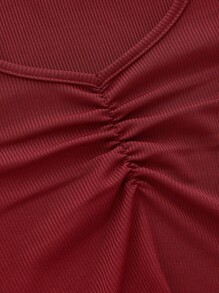 ROMWE 長袖t恤衫,設褶皺細節 - 酒紅色 - 查看 4