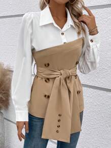 SHEIN LUNE Two Tone Double Breasted Belted Shirt - Multicolor - View 4