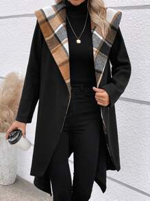 SHEIN LUNE 格紋印花大翻領腰帶花呢外套 - 黑色 - 查看 4