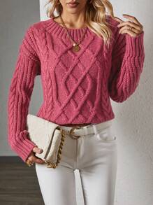SHEIN Essnce Round Neck Drop Shoulder Loose Fit Sweater Pullover - Rose Red - View 3