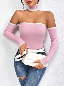 SHEIN Unity Off-shoulder Khối màu Áo len Với Cạnh cuộn Chi tiết - Hồng - Xem 3