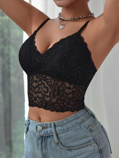 Women's Black Lace Crop Cami Top Romantic French Style Spaghetti Strap Innerwear