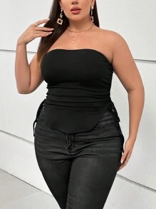 SHEIN Privé Plus Size Pleated Ladies' Top With Side Drawstring - Black - View 6