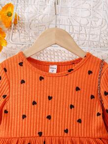 SHEIN Girls' Heart Print Letter Patchwork Dress - Orange - View 5