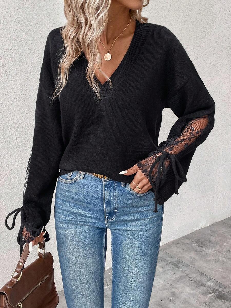 SHEIN LUNE 女士v領蕾絲拼接下垂肩毛衣 - 黑色 - 查看 1