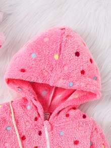 Baby Girl's Polka Dot Furry Hooded Jumpsuit Fashionable Thickened Autumn And Winter Warm Style - Hot Pink - View 5