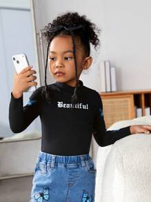 SHEIN Young Girl Casual Knitted Short Sleeve T-Shirt With Round Neckline For Street Style - Black - View 4