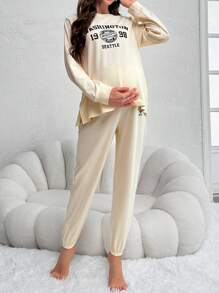 SHEIN 孕婦字母圖案可調節腰圍休閒服套裝 - 米色 - 查看 4