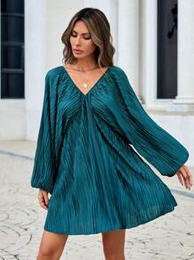 SHEIN Privé Lantern Sleeve Plisse Dress - Olive Green - View 3