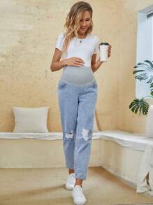 SHEIN Thai sản Giải trí Quần jean Distressed - Rửa nhẹ - Xem 4