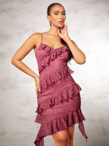 SHEIN BAE Women'S Solid Color Ruffle Edge & Decorated Spaghetti Strap Dress Ruffle Dress - Pink - View 1