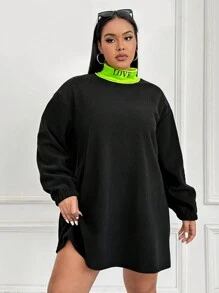 SHEIN EZwear Kích thước lớn Khối màu Áo cao cổ Đầm Với In thư - màu đen - Xem 1