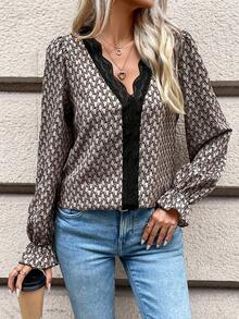 SHEIN Frenchy In Toàn bộ Đồ trang trí Lace hoa văn tay áo lá sen Áo sơ mi - Màu Khaki - Xem 5