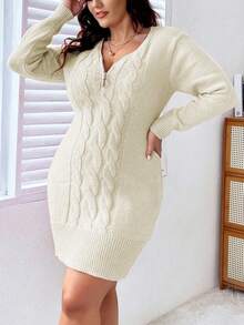 Celure Plus Size Twisted Cable Knit Sweater Dress - Apricot - View 4