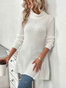 SHEIN LUNE Áo len nữ cổ cao màu trơn, chất liệu dệt kim, thích hợp cho mùa thu đông. - Màu be - Xem 5